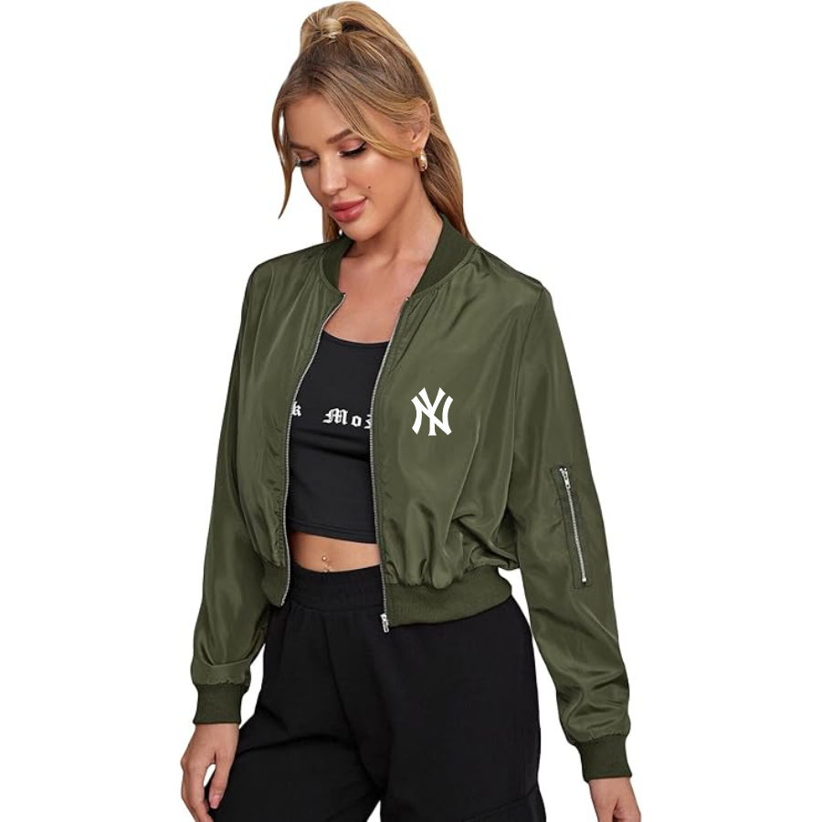 Women's New York NY Yankees Lightweight Bomber Biker Jacket Zip up Windbreaker Crop Bomber Jacket Coat