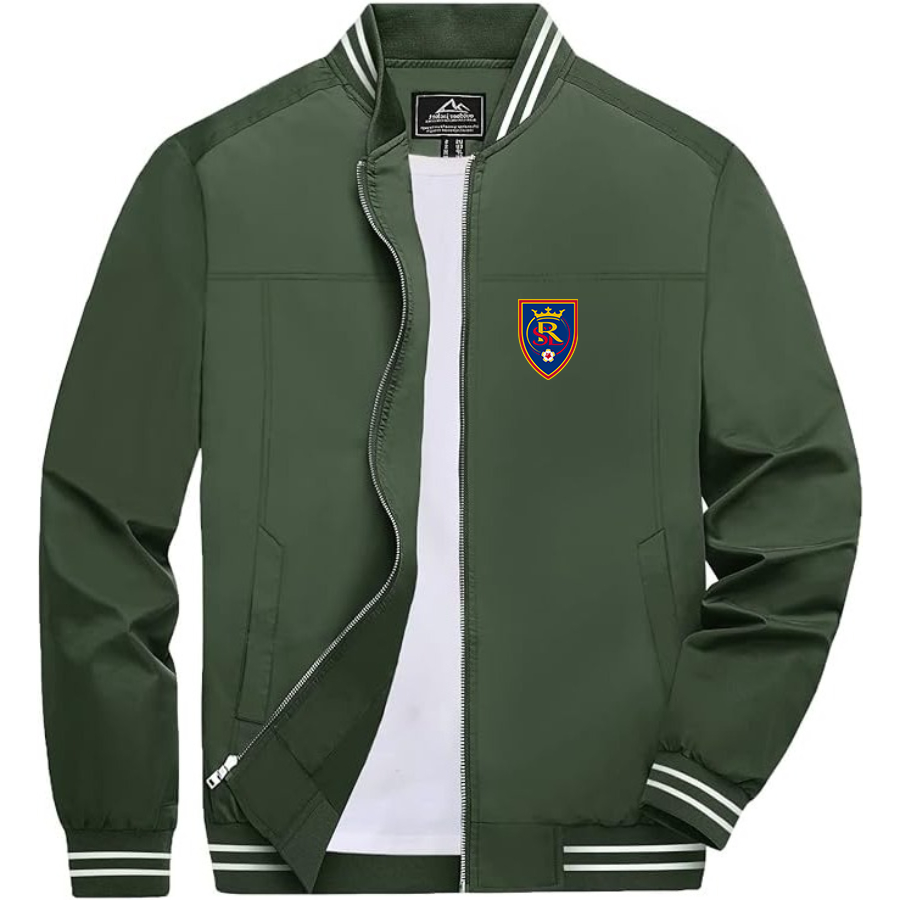 Men's Real Salt Lake Soccer Lightweight Zip-Up Bomber Jacket with Ribbed Collar and Cuffs Versatile Casual Outerwear