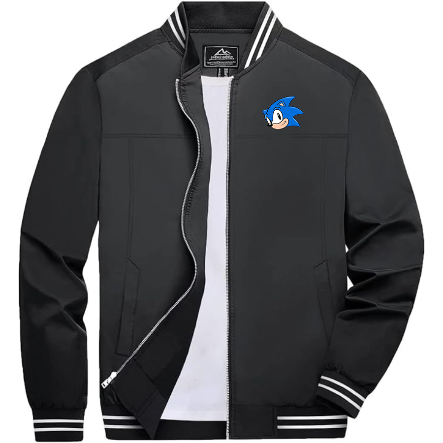 Men's Sonic the Hedgehog Lightweight Zip-Up Bomber Jacket with Ribbed Collar and Cuffs Versatile Casual Outerwear