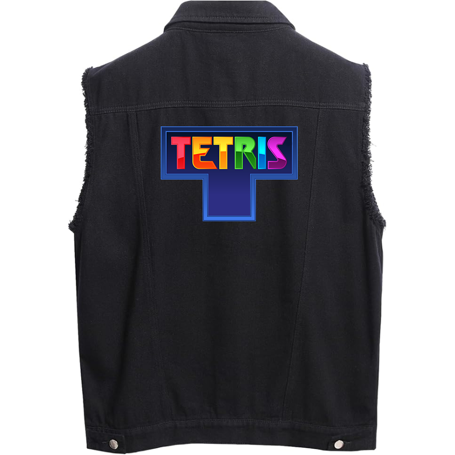 Men's Tetris Sleeveless Distressed Denim Vest Rugged Black Jean Jacket
