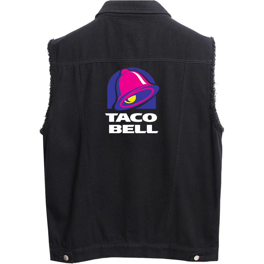 Men's Taco Bell Sleeveless Distressed Denim Vest Rugged Black Jean Jacket