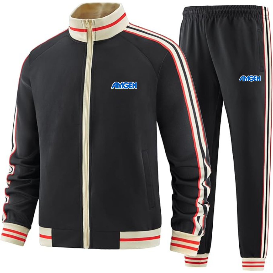 Men's Amgen Two-Piece Designer Tracksuit with Bold Striped Accents and Zippered Front Elevated Athletic Wear