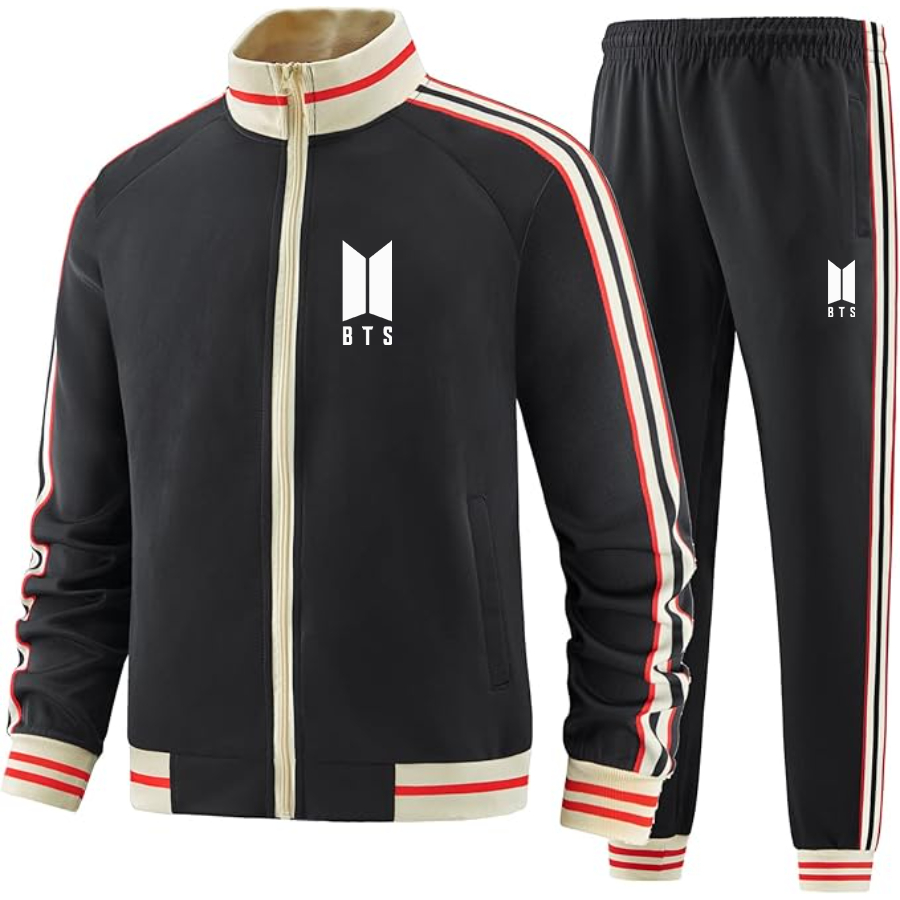 Men's BTS Two-Piece Designer Tracksuit with Bold Striped Accents and Zippered Front Elevated Athletic Wear