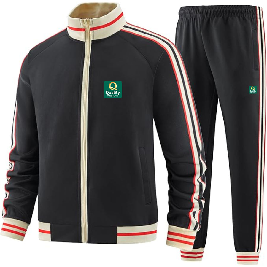 Men's Quality Inn & Suites Premium Two-Piece Designer Tracksuit with Bold Striped Accents and Zippered Front Elevated Athletic Wear