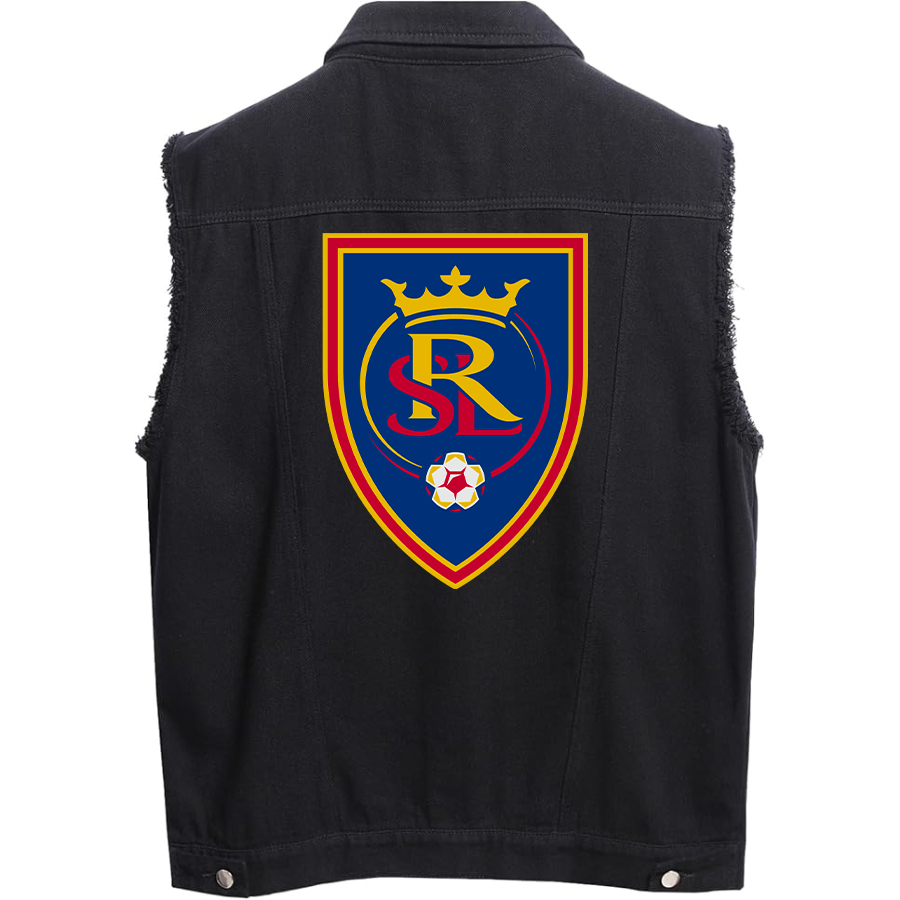 Men's Real Salt Lake Soccer Sleeveless Distressed Denim Vest Rugged Black Jean Jacket