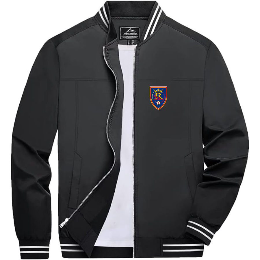 Men's Real Salt Lake Soccer Lightweight Zip-Up Bomber Jacket with Ribbed Collar and Cuffs Versatile Casual Outerwear