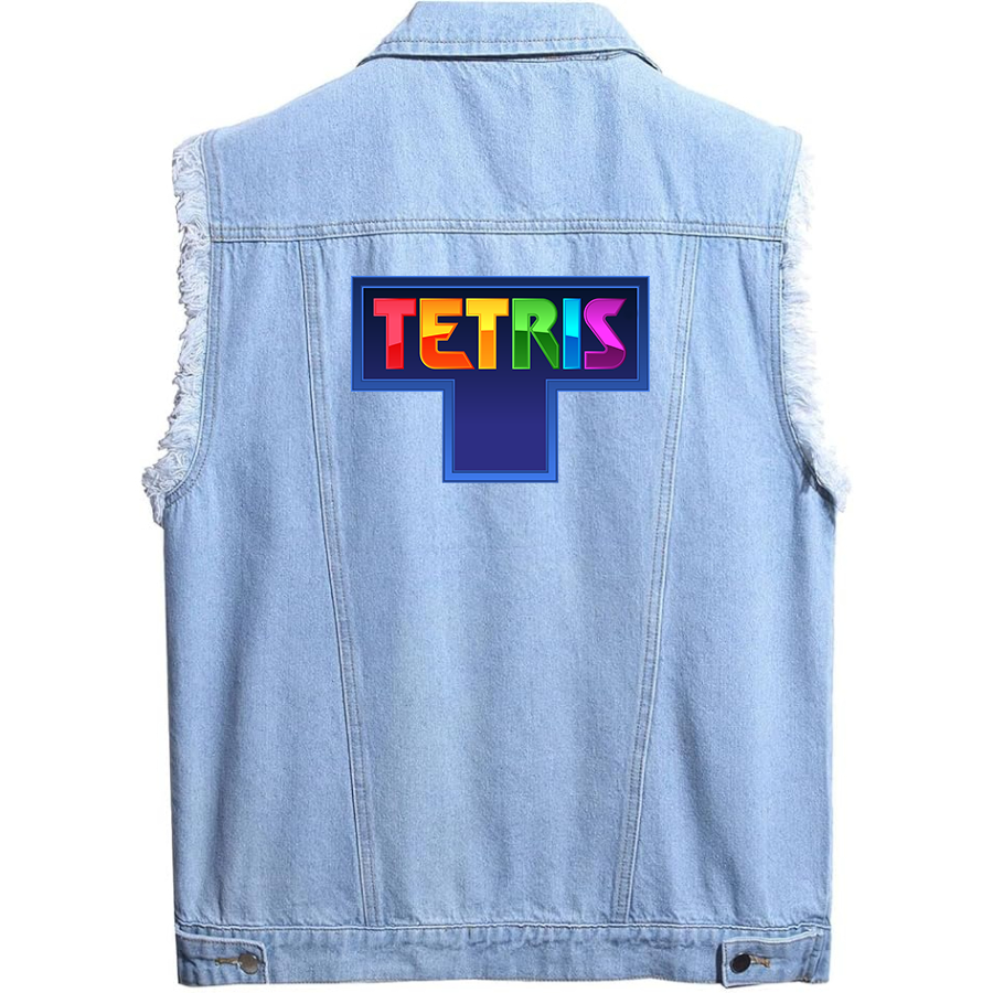 Men's Tetris Sleeveless Distressed Denim Vest Rugged Black Jean Jacket