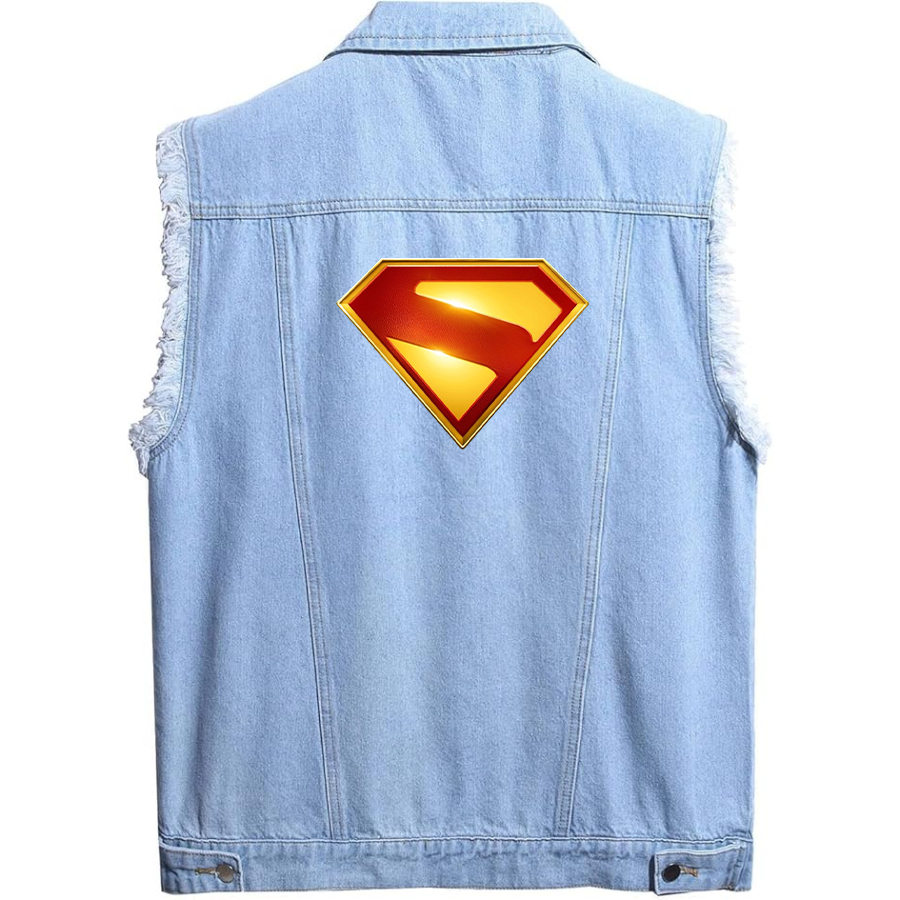 Men's Superman 2025 Sleeveless Distressed Denim Vest Rugged Black Jean Jacket
