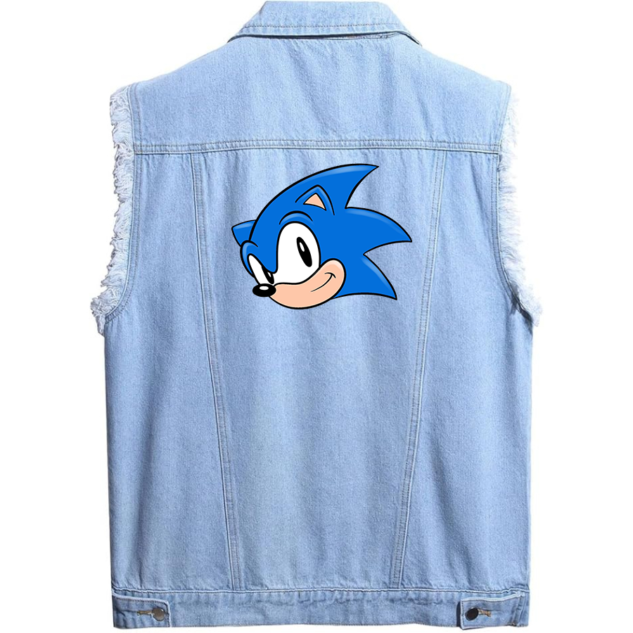 Men's Sonic the Hedgehog Sleeveless Distressed Denim Vest Rugged Black Jean Jacket