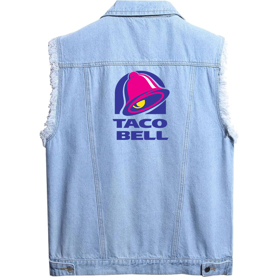 Men's Taco Bell Sleeveless Distressed Denim Vest Rugged Black Jean Jacket