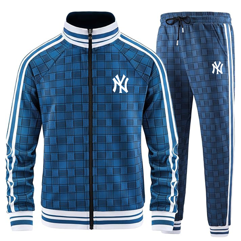 Men's New York NY Yankees Tracksuits Full-zip Long Sleeve Plaid Track Jackets and Pants 2 Piece