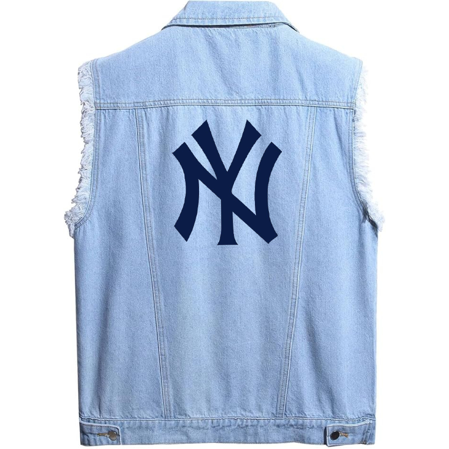 Men's New York NY Yankees Sleeveless Distressed Denim Vest Rugged Black Jean Jacket