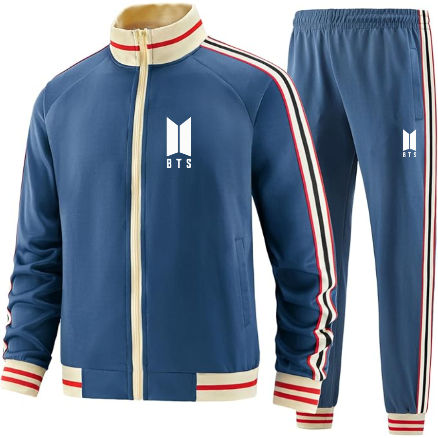Men's BTS Two-Piece Designer Tracksuit with Bold Striped Accents and Zippered Front Elevated Athletic Wear