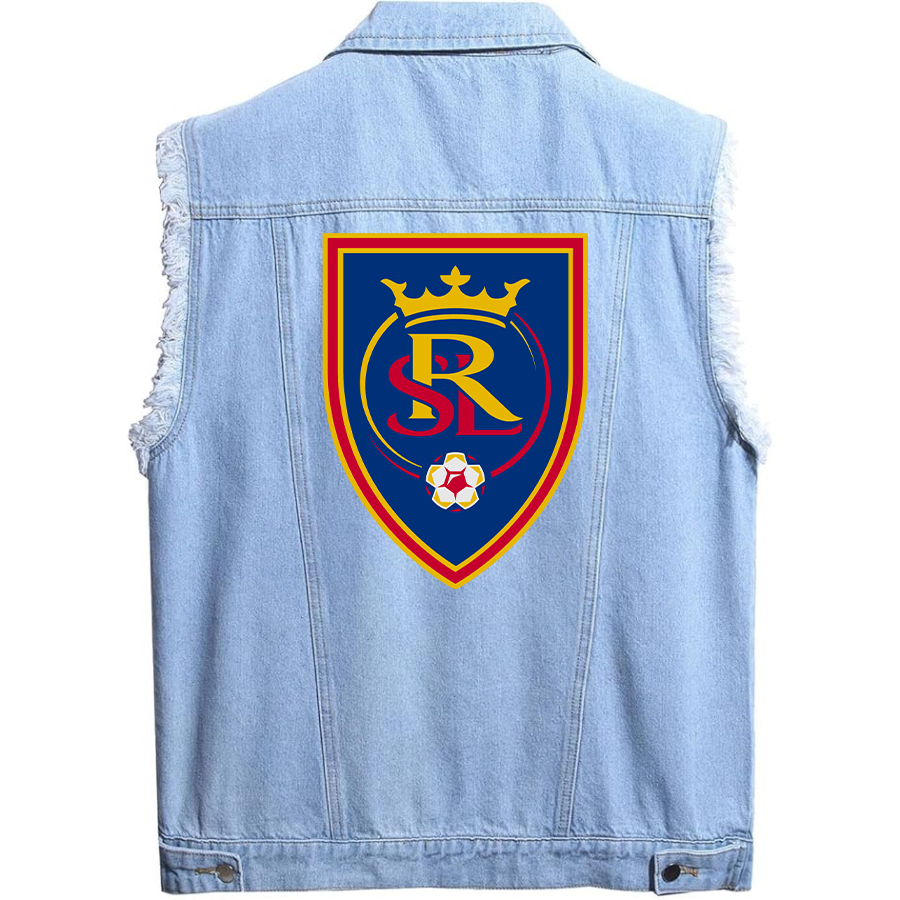 Men's Real Salt Lake Soccer Sleeveless Distressed Denim Vest Rugged Black Jean Jacket