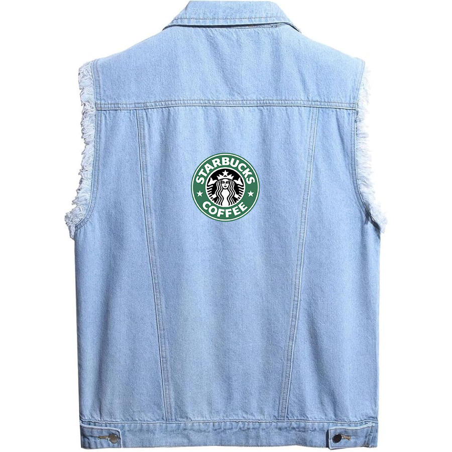 Men's Starbucks Coffee Sleeveless Distressed Denim Vest Rugged Black Jean Jacket