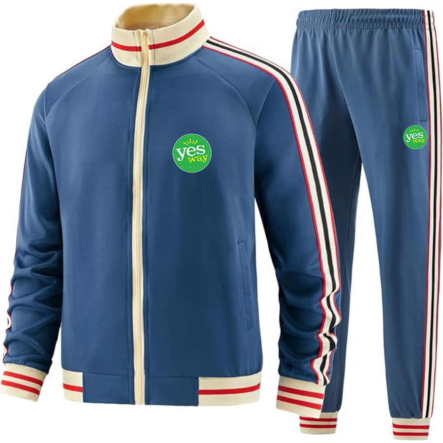 Men's Yes Way Two-Piece Designer Tracksuit with Bold Striped Accents and Zippered Front Elevated Athletic Wear