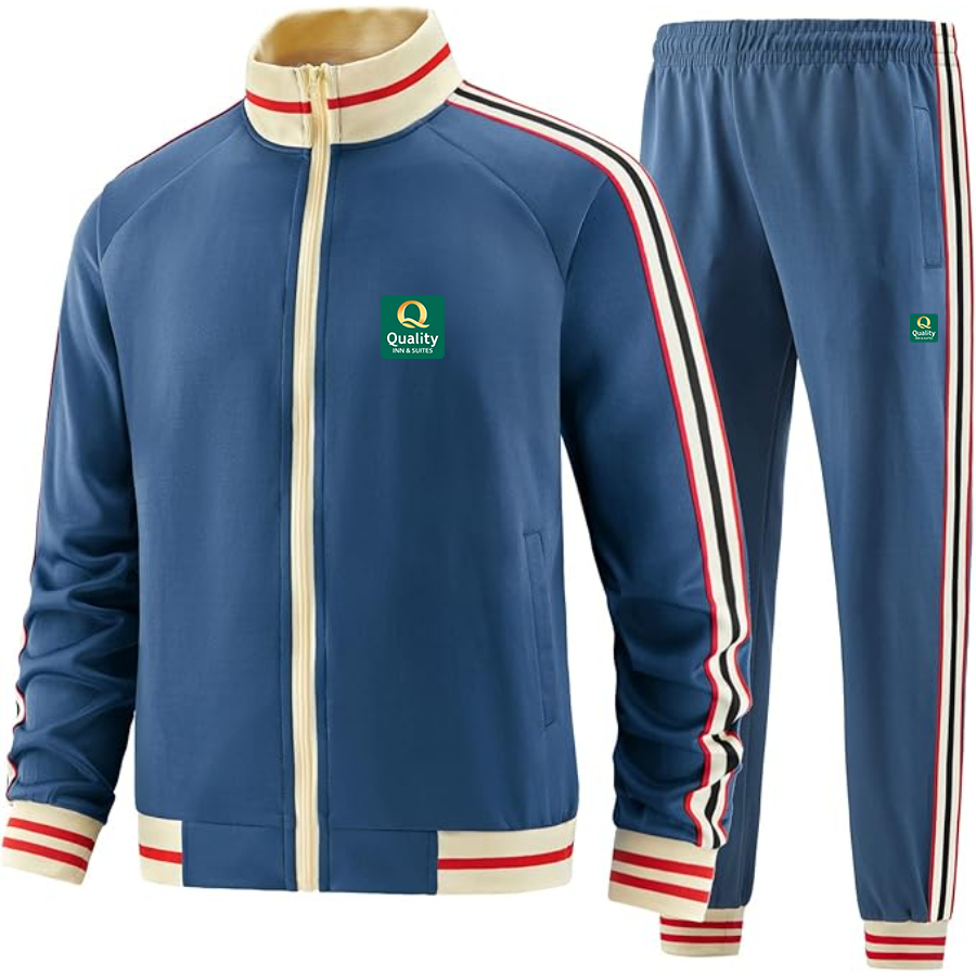 Men's Quality Inn & Suites Premium Two-Piece Designer Tracksuit with Bold Striped Accents and Zippered Front Elevated Athletic Wear