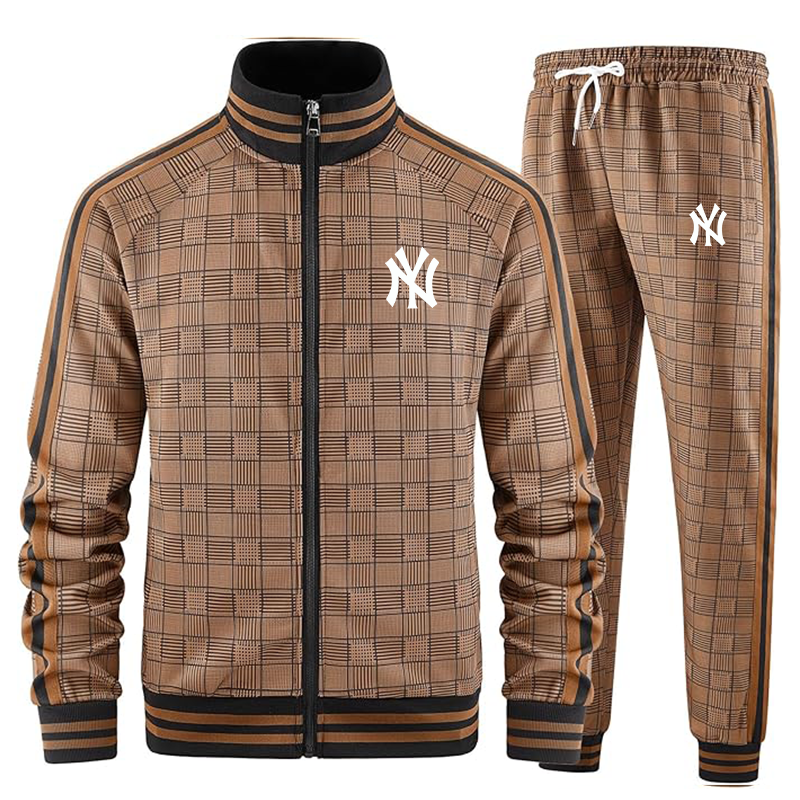 Men's New York NY Yankees Tracksuits Full-zip Long Sleeve Plaid Track Jackets and Pants 2 Piece