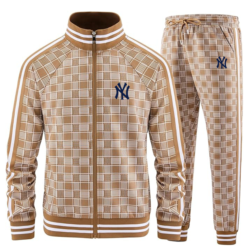 Men's New York NY Yankees Tracksuits Full-zip Long Sleeve Plaid Track Jackets and Pants 2 Piece