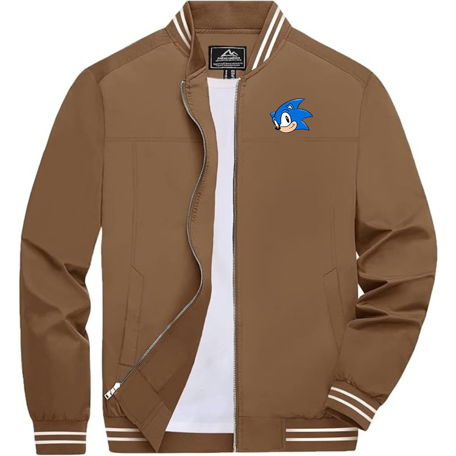 Men's Sonic the Hedgehog Lightweight Zip-Up Bomber Jacket with Ribbed Collar and Cuffs Versatile Casual Outerwear