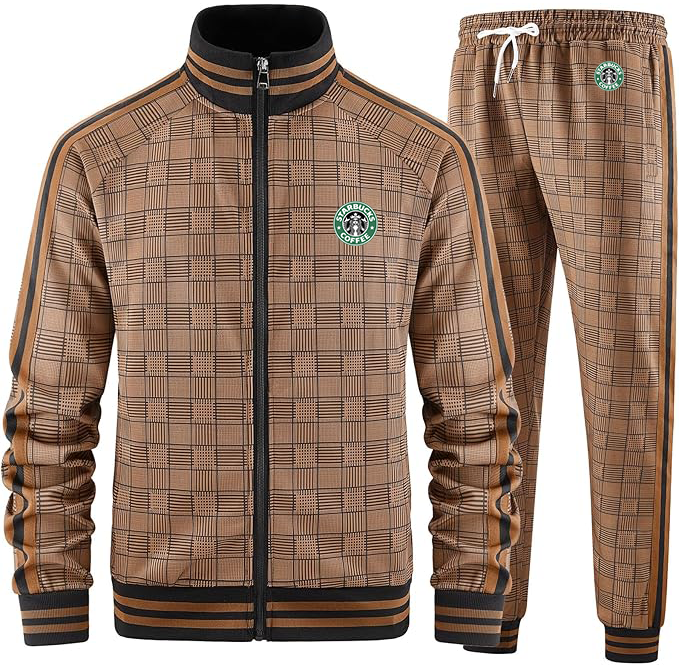 Men's Starbucks Coffee Tracksuits Full-zip Long Sleeve Plaid Track Jackets and Pants 2 Piece