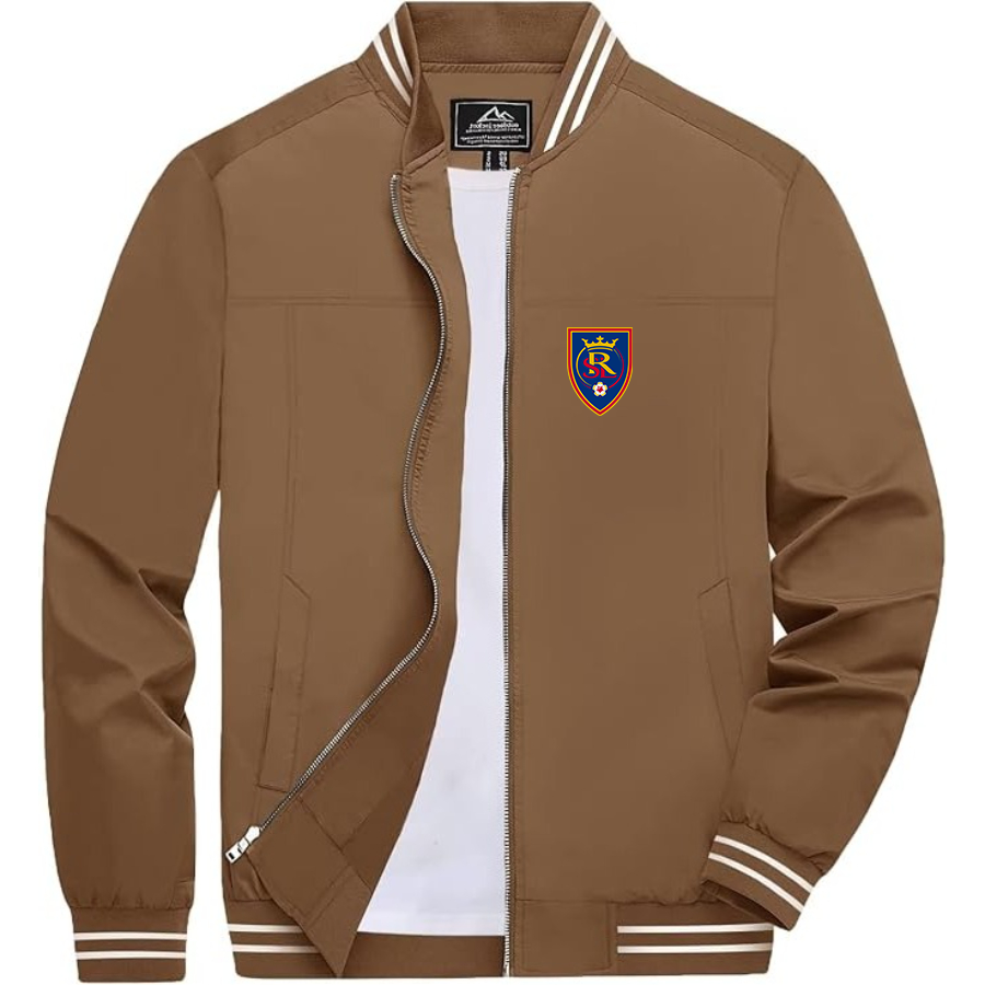 Men's Real Salt Lake Soccer Lightweight Zip-Up Bomber Jacket with Ribbed Collar and Cuffs Versatile Casual Outerwear