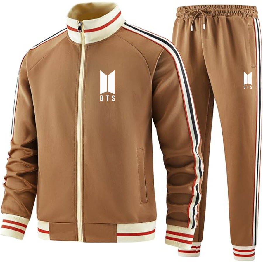 Men's BTS Two-Piece Designer Tracksuit with Bold Striped Accents and Zippered Front Elevated Athletic Wear