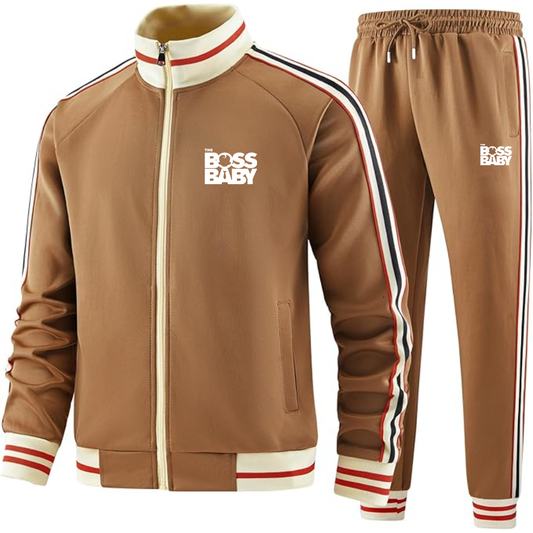 Men's Boss Baby  Two-Piece Designer Tracksuit with Bold Striped Accents and Zippered Front Elevated Athletic Wear