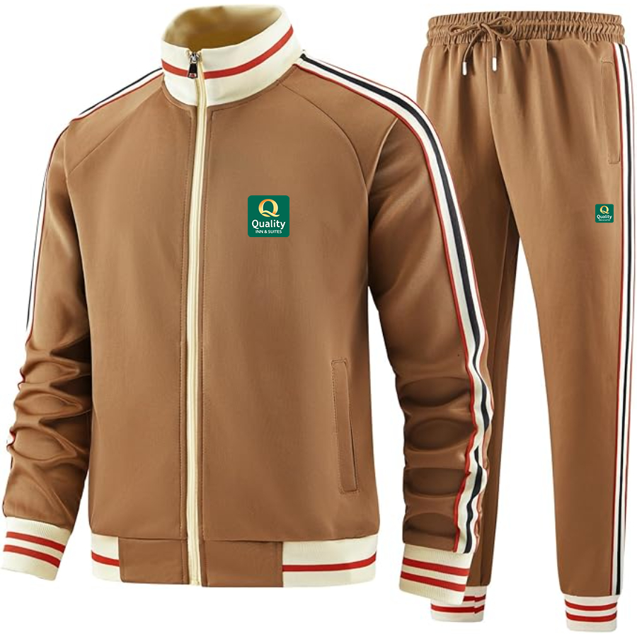 Men's Quality Inn & Suites Premium Two-Piece Designer Tracksuit with Bold Striped Accents and Zippered Front Elevated Athletic Wear