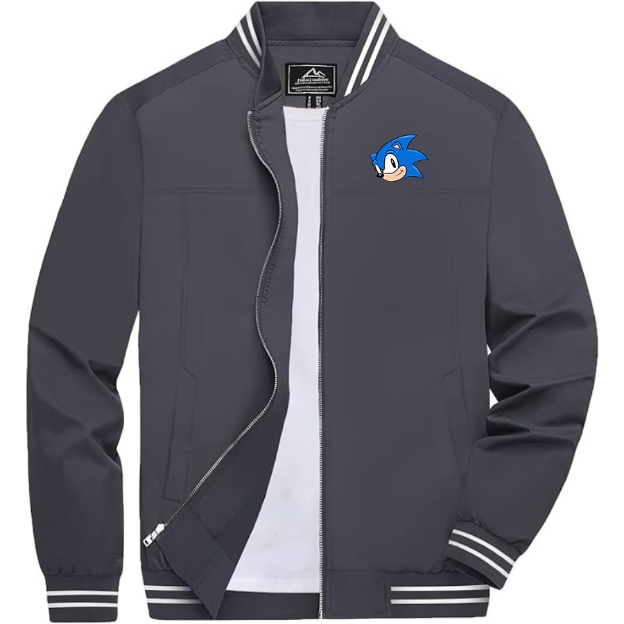 Men's Sonic the Hedgehog Lightweight Zip-Up Bomber Jacket with Ribbed Collar and Cuffs Versatile Casual Outerwear