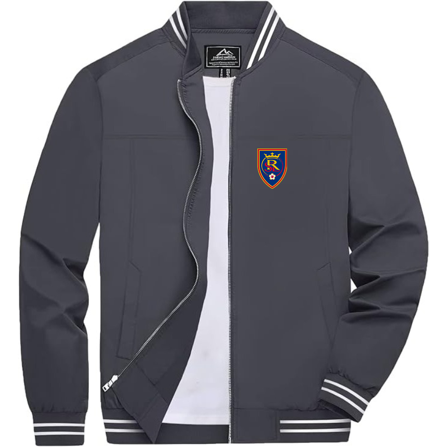 Men's Real Salt Lake Soccer Lightweight Zip-Up Bomber Jacket with Ribbed Collar and Cuffs Versatile Casual Outerwear