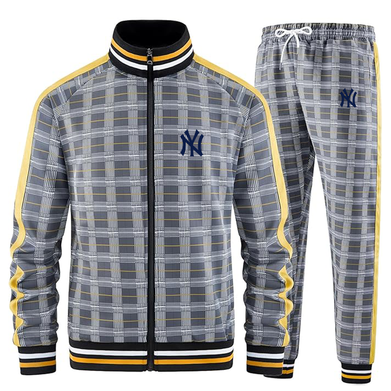 Men's New York NY Yankees Tracksuits Full-zip Long Sleeve Plaid Track Jackets and Pants 2 Piece