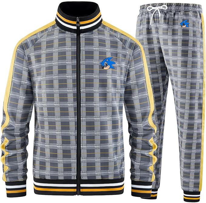 Men's Sonic the Hedgehog Tracksuits Full-zip Long Sleeve Plaid Track Jackets and Pants 2 Piece