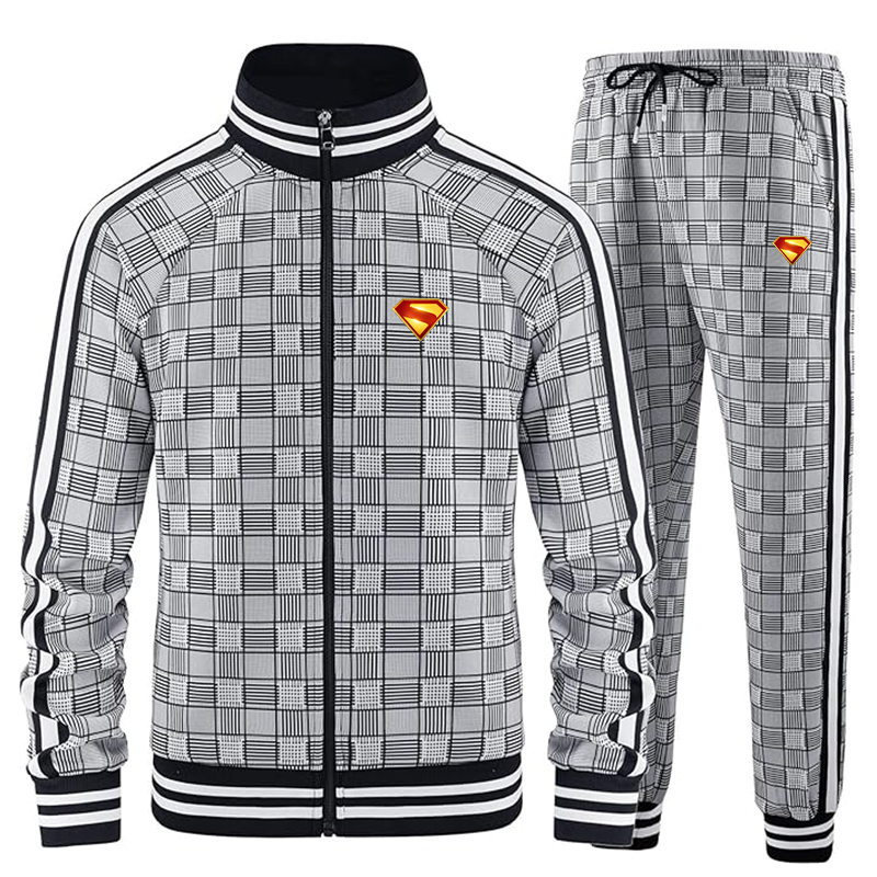 Men's Superman 2025 Tracksuits Full-zip Long Sleeve Plaid Track Jackets and Pants 2 Piece