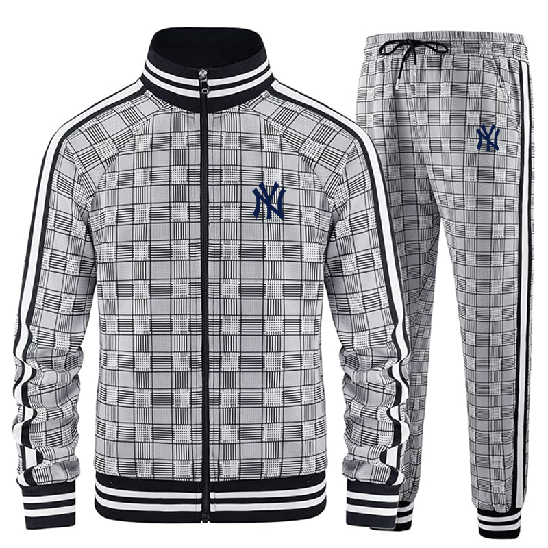 Men's New York NY Yankees Tracksuits Full-zip Long Sleeve Plaid Track Jackets and Pants 2 Piece
