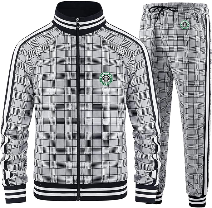 Men's Starbucks Coffee Tracksuits Full-zip Long Sleeve Plaid Track Jackets and Pants 2 Piece