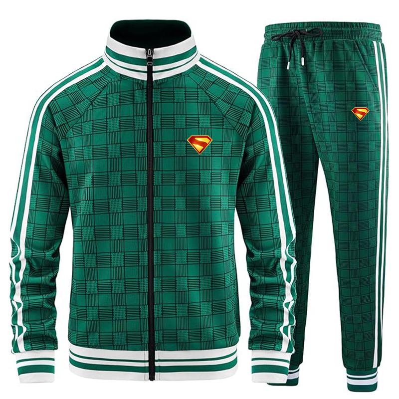 Men's Superman 2025 Tracksuits Full-zip Long Sleeve Plaid Track Jackets and Pants 2 Piece