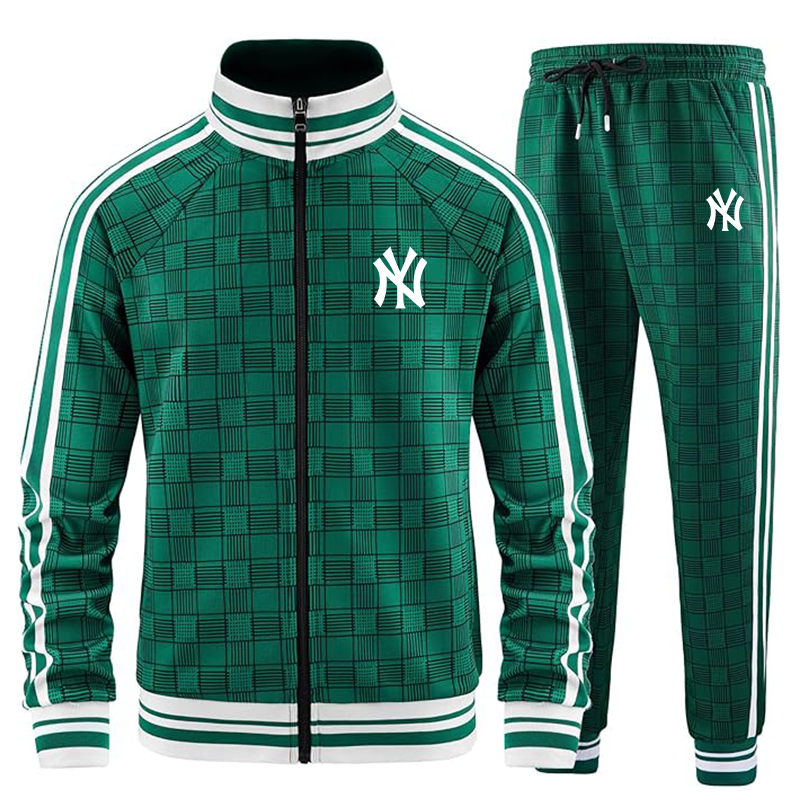 Men's New York NY Yankees Tracksuits Full-zip Long Sleeve Plaid Track Jackets and Pants 2 Piece