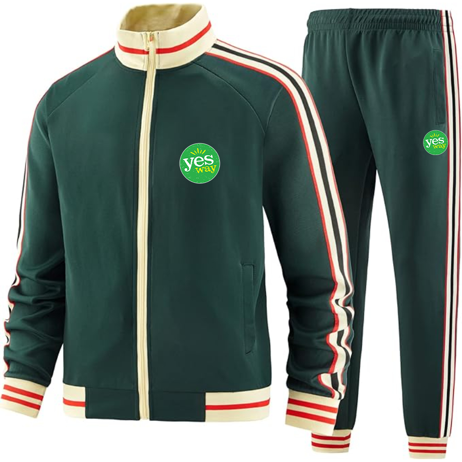 Men's Yes Way Two-Piece Designer Tracksuit with Bold Striped Accents and Zippered Front Elevated Athletic Wear
