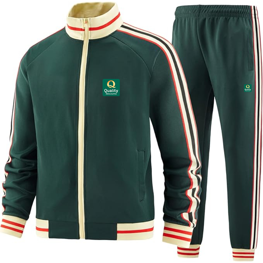Men's Quality Inn & Suites Premium Two-Piece Designer Tracksuit with Bold Striped Accents and Zippered Front Elevated Athletic Wear