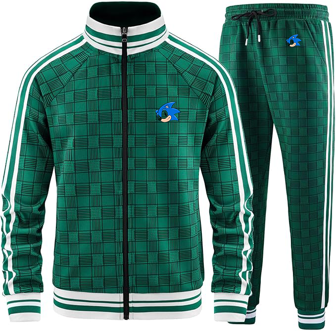 Men's Sonic the Hedgehog Tracksuits Full-zip Long Sleeve Plaid Track Jackets and Pants 2 Piece