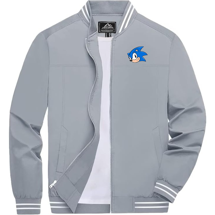 Men's Sonic the Hedgehog Lightweight Zip-Up Bomber Jacket with Ribbed Collar and Cuffs Versatile Casual Outerwear