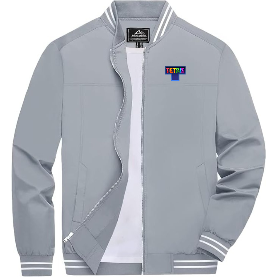 Men's Tetris Lightweight Zip-Up Bomber Jacket with Ribbed Collar and Cuffs Versatile Casual Outerwear