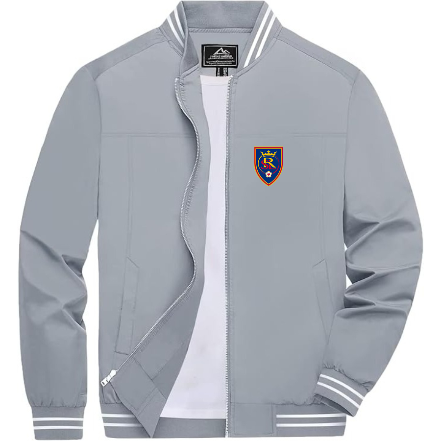 Men's Real Salt Lake Soccer Lightweight Zip-Up Bomber Jacket with Ribbed Collar and Cuffs Versatile Casual Outerwear