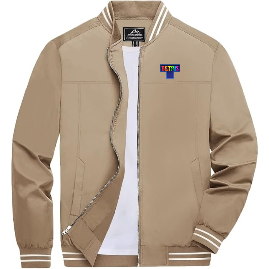 Men's Tetris Lightweight Zip-Up Bomber Jacket with Ribbed Collar and Cuffs Versatile Casual Outerwear