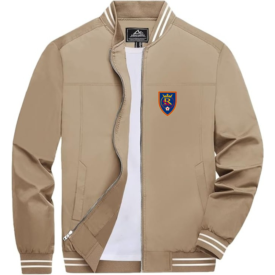 Men's Real Salt Lake Soccer Lightweight Zip-Up Bomber Jacket with Ribbed Collar and Cuffs Versatile Casual Outerwear