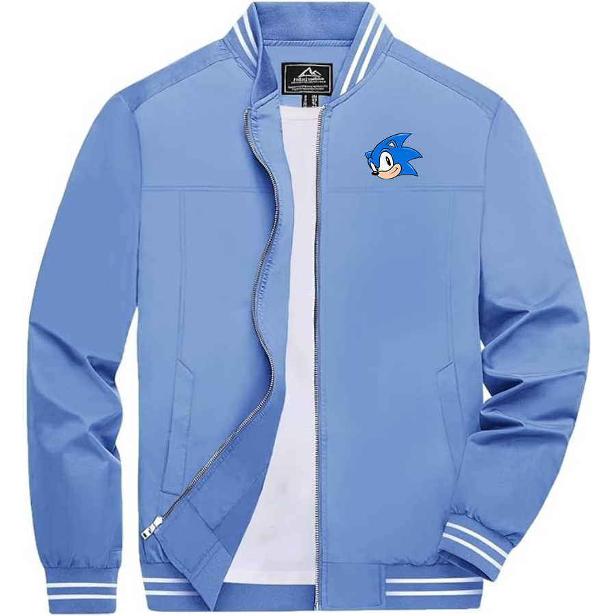 Men's Sonic the Hedgehog Lightweight Zip-Up Bomber Jacket with Ribbed Collar and Cuffs Versatile Casual Outerwear