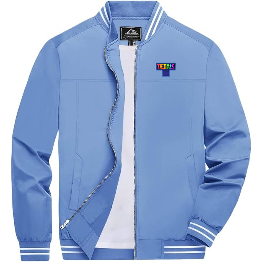 Men's Tetris Lightweight Zip-Up Bomber Jacket with Ribbed Collar and Cuffs Versatile Casual Outerwear