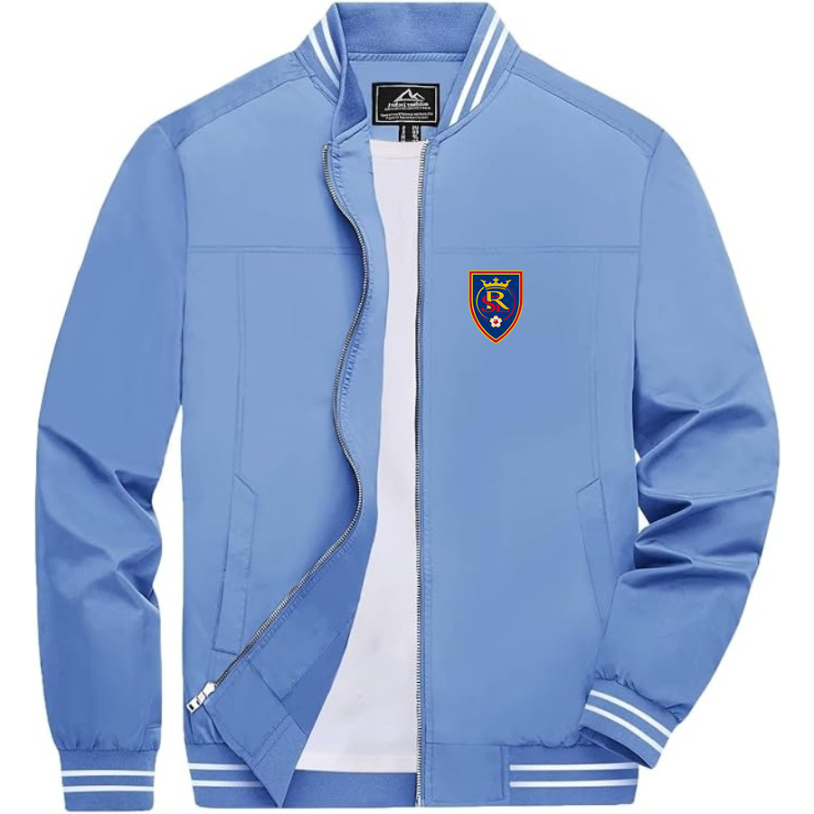 Men's Real Salt Lake Soccer Lightweight Zip-Up Bomber Jacket with Ribbed Collar and Cuffs Versatile Casual Outerwear