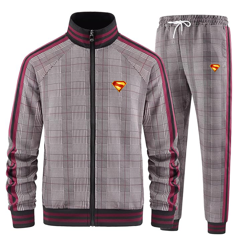 Men's Superman 2025 Tracksuits Full-zip Long Sleeve Plaid Track Jackets and Pants 2 Piece
